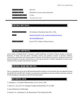 BCH 305 COURSE TITLE: Metabolism of Amino Acids and Proteins