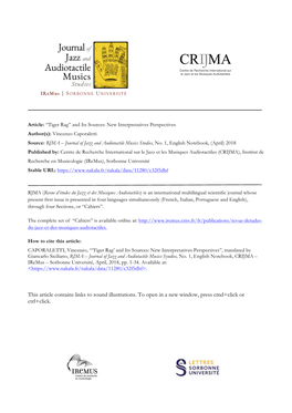 Tiger Rag” and Its Sources: New Interpretatives Perspectives Author(S): Vincenzo Caporaletti Source: RJMA – Journal of Jazz and Audiotactile Musics Studies, No