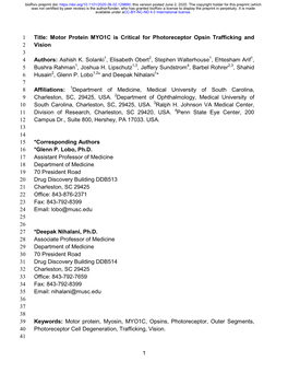 Motor Protein MYO1C Is Critical for Photoreceptor Opsin Trafficking and 2 Vision 3 4 Authors: Ashish K