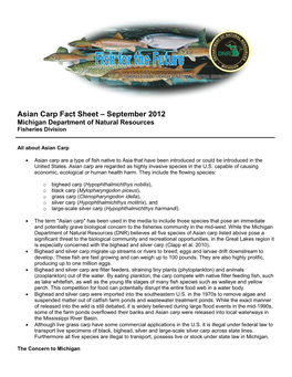 Asian Carp Fact Sheet – September 2012 Michigan Department of Natural Resources Fisheries Division