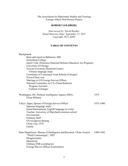 1 the Association for Diplomatic Studies and Training Foreign Affairs Oral History Project ROBERT GOLDBERG Interviewed By: David
