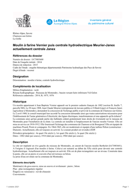 Moulin À Farine Vernier Puis Centrale Hydroélectrique Meurier-Janex Actuellement Centrale Janex