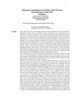 Shakespeare and Religion Chronology 1600-1624 and Post Shakespeare 1625-1799 Including American Contexts Continental Contexts Irish Contexts