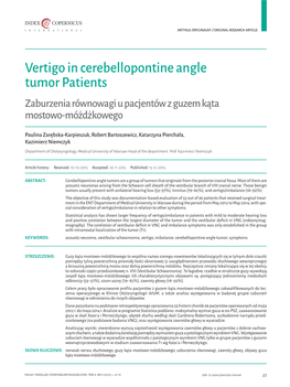 Vertigo in Cerebellopontine Angle Tumor Patients Zaburzenia Równowagi U Pacjentów Z Guzem Kąta Mostowo-Móżdżkowego