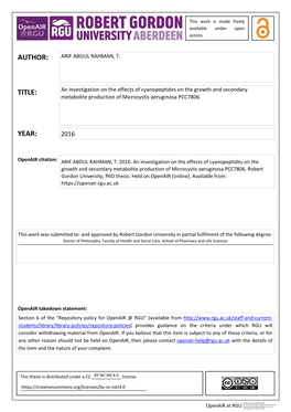 Investigation of Cyanopeptides on the Growth and Secondary Metabolites