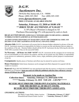 D.G.W. Auctioneers Inc. 760 Kifer Rd, Sunnyvale, CA – 94086 Phone: (408) 245-1863 Fax: (408) 245-1283 FREE CATALOG AVAILABLE ONLINE