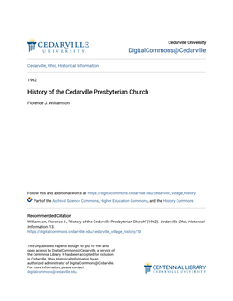 History of the Cedarville Presbyterian Church