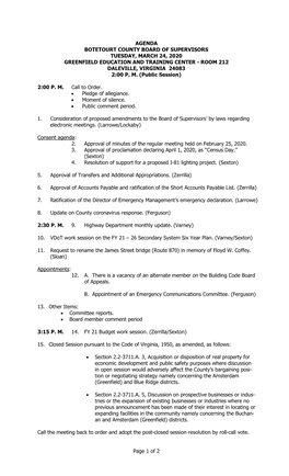 Agenda Botetourt County Board of Supervisors Tuesday, March 24, 2020 Greenfield Education and Training Center - Room 212 Daleville, Virginia 24083 2:00 P