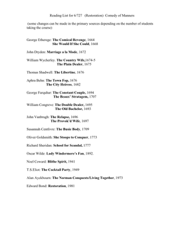 Reading List for 6/726 Comedy of Manners