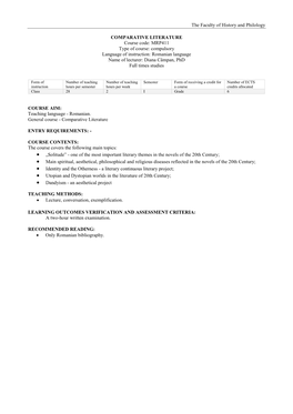 Compulsory Language of Instruction: Romanian Language Name of Lecturer: Diana Câmpan, Phd Full Times Studies