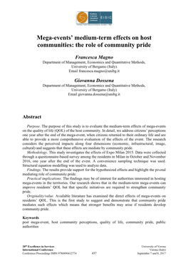 Mega-Events' Medium-Term Effects on Host Communities: the Role Of