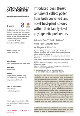 Osmia Cornifrons) Collect Pollen Royalsocietypublishing.Org/Journal/Rsos from Both Coevolved and Novel Host-Plant Species Research