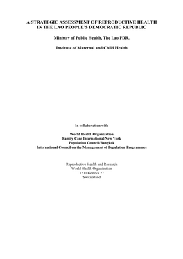 A Strategic Assessment of Reproductive Health in the Lao People's