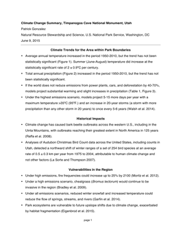Climate Change Summary, Timpanogos Cave National Monument, Utah Patrick Gonzalez Natural Resource Stewardship and Science, U.S