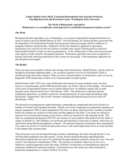 The Myth of Biodynamic Agriculture “Biodynamics Is a Scientifically Sound Approach to Sustainable Management of Plant Systems”