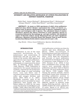 Diversity and Relative Abundance of Citrus Pollinators in District Haripur, Pakistan