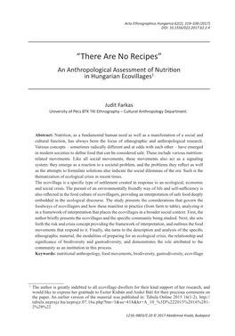 “There Are No Recipes” an Anthropological Assessment of Nutrition in Hungarian Ecovillages1