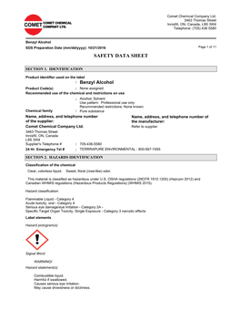 Benzyl Alcohol SDS Preparation Date (Mm/Dd/Yyyy): 10/21/2016 Page 1 of 11 SAFETY DATA SHEET