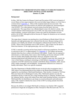 LYMPHOCYTIC CHORIOMENINGITIS THREAT in OHIO PET RODENTS DIRECTOR’S JOURNAL ENTRY REPORT January 12, 2006