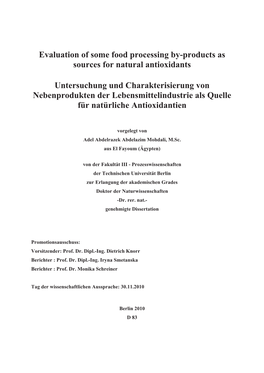 Evaluation of Some Food Processing By-Products As Sources for Natural Antioxidants