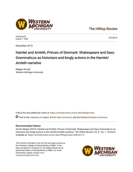 Shakespeare and Saxo Grammaticus As Historians and Kingly Actions in the Hamlet/Amleth Narrative,