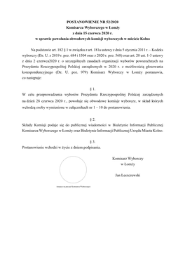 POSTANOWIENIE NR 52/2020 Komisarza Wyborczego W Łomży Z Dnia 15 Czerwca 2020 R