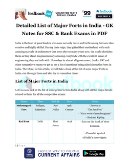 Detailed List of Major Forts in India - GK Notes for SSC & Bank Exams in PDF
