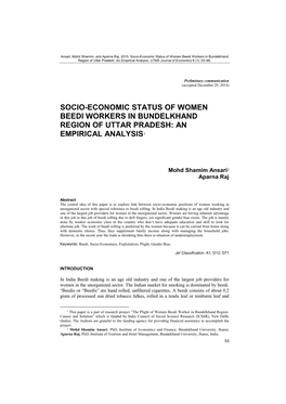 Socio-Economic Status of Women Beedi Workers in Bundelkhand Region of Uttar Pradesh: an Empirical Analysis