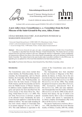 (Aves: Coraciiformes Ss: Coraciidae) from the Early Miocene of the Saint