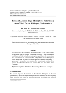 Fauna of Assassin Bugs (Hemiptera: Reduviidae) from Tilari Forest, Kolhapur, Maharashtra