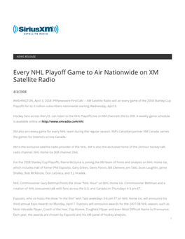 Every NHL Playoff Game to Air Nationwide on XM Satellite Radio