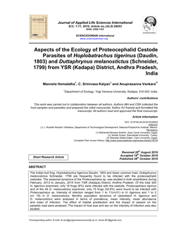 Aspects of the Ecology of Proteocephalid Cestode Parasites of Hoplobatrachus Tigerinus