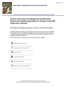 (Osyris Lanceolata) Populations in Kenya Using ISSR Molecular Markers