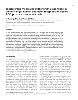 Testosterone Modulates Mitochondrial Aconitase in the Full-Length Human Androgen Receptor-Transfected PC-3 Prostatic Carcinoma Cells