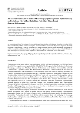 An Annotated Checklist of Iranian Myxophaga (Hydroscaphidae, Sphaeriusidae) and Adephaga (Gyrinidae, Haliplidae, Noteridae, Rhysodidae) (Insecta: Coleoptera)