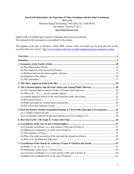 Sun-Earth Kinematics, the Equation of Time, Insolation and the Solar