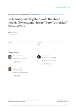 Preliminary Investigations Into the Slime Moulds (Myxogastria) in the “Bory Tucholskie” National Park