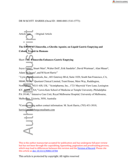 The Effects of Ulimorelin, a Ghrelin Agonist, on Liquid Gastric Emptying and Colonic Transit in Humans