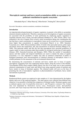 Macrophytic Nutrient and Heavy Metal Accumulation Ability As a Parameter of Pollutant Remediation in Aquatic Ecosystems