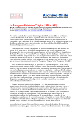 La Patagonia Rebelde O Trágica (1920 - 1921) NOTA: El Presente Texto Es Una Parte Del Libro Historia De Las Relaciones Exteriores Argentinas