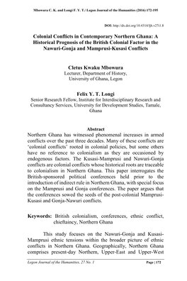 Colonial Conflicts in Contemporary Northern Ghana: a Historical Prognosis of the British Colonial Factor in the Nawuri-Gonja and Mamprusi-Kusasi Conflicts