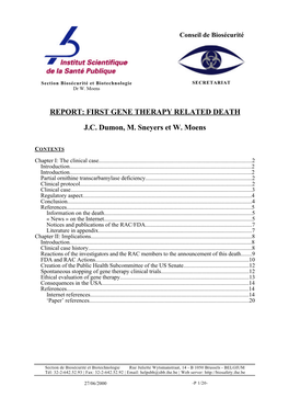 FIRST GENE THERAPY RELATED DEATH JC Dumon, M. Sneyers Et