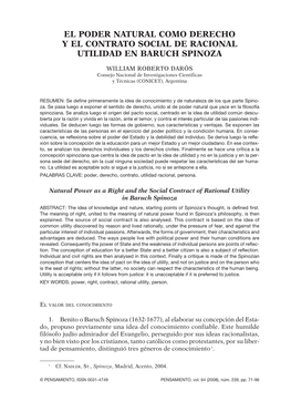 El Poder Natural Como Derecho Y El Contrato Social De Racional Utilidad En Baruch Spinoza