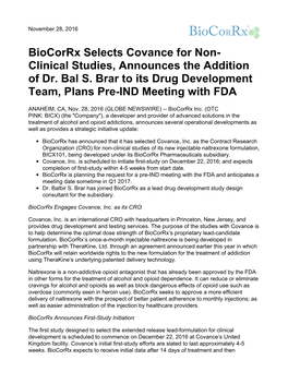 Biocorrx Selects Covance for Non- Clinical Studies, Announces the Addition of Dr