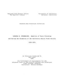 Regional Oral Historv Office Universitv of California the Bancroft Library Berkeley, California