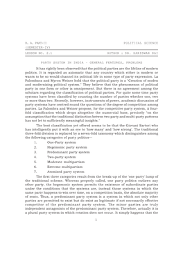 B. A. Part-Ii Political Science (Semester-Iv) Lesson No. 2.1 Author : Dr. Haridwar Rai Party System in India