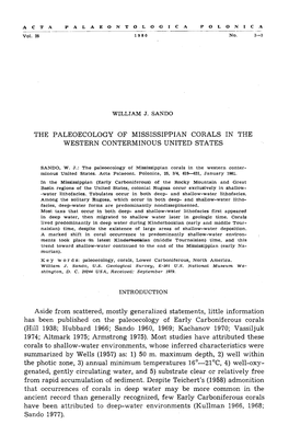 THE PALEOECOLOGY of MISSISSIPPIAN CORALS in the WESTERN CONTERMINOUS UNITED STATES Aside from Scattered, Mostly Generalized Stat