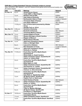 ESPN Men's College Basketball Television Schedule (Subject To