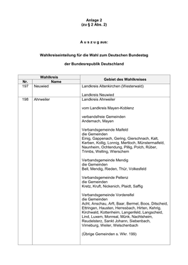 Anlage 2 (Zu § 2 Abs. 2) a U S Z U G Aus: Wahlkreiseinteilung Für Die Wahl Zum Deutschen Bundestag Der Bundesrepublik Deutsch