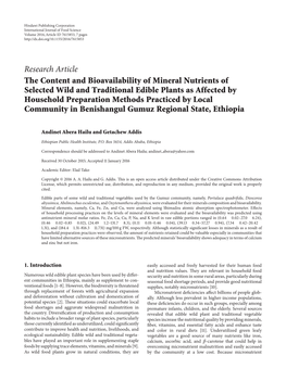 The Content and Bioavailability of Mineral Nutrients of Selected Wild and Traditional Edible Plants As Affected by Household Preparation Methods Practiced by Local Community In